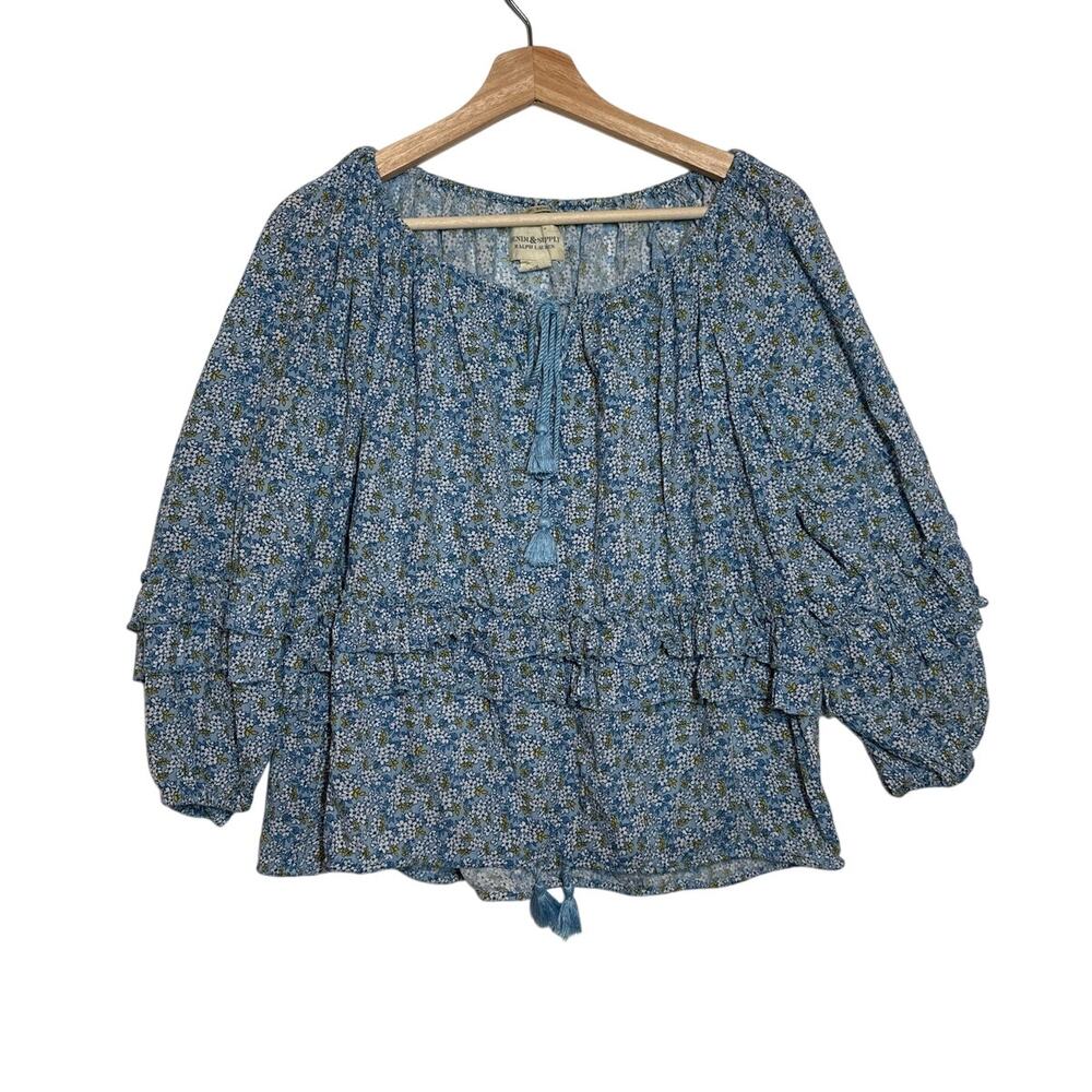 Denim & Supply Ralph Lauren Boho Blue Floral Peasant Blouse Top Sz M Ruffles
